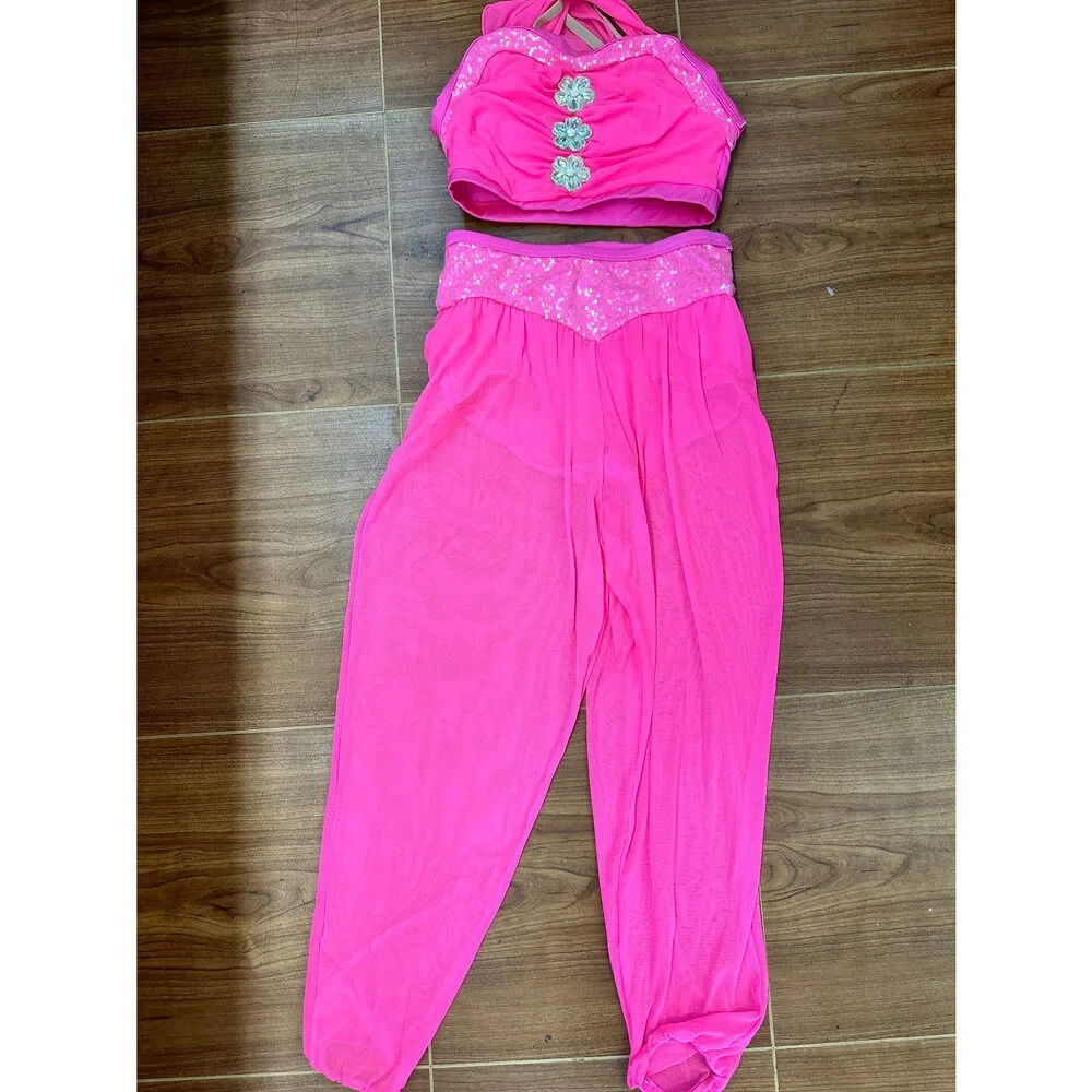 Pre-Owned Dance Costume Weissman 11863 Large Child Pink 2 piece Jazz Sequin Gen